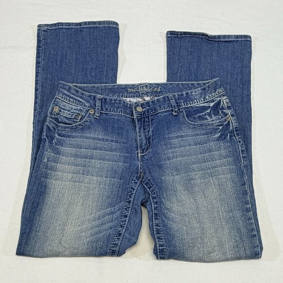 Maurices Low Rise Distressed Faded Flared Denim Jeans Medium Wash 11/12 L Bling - Picture 7 of 11